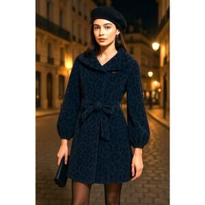 Rebecca Taylor Wool Angora Leopard Velvet Belted Coat Black 6 Puffy Voluminous